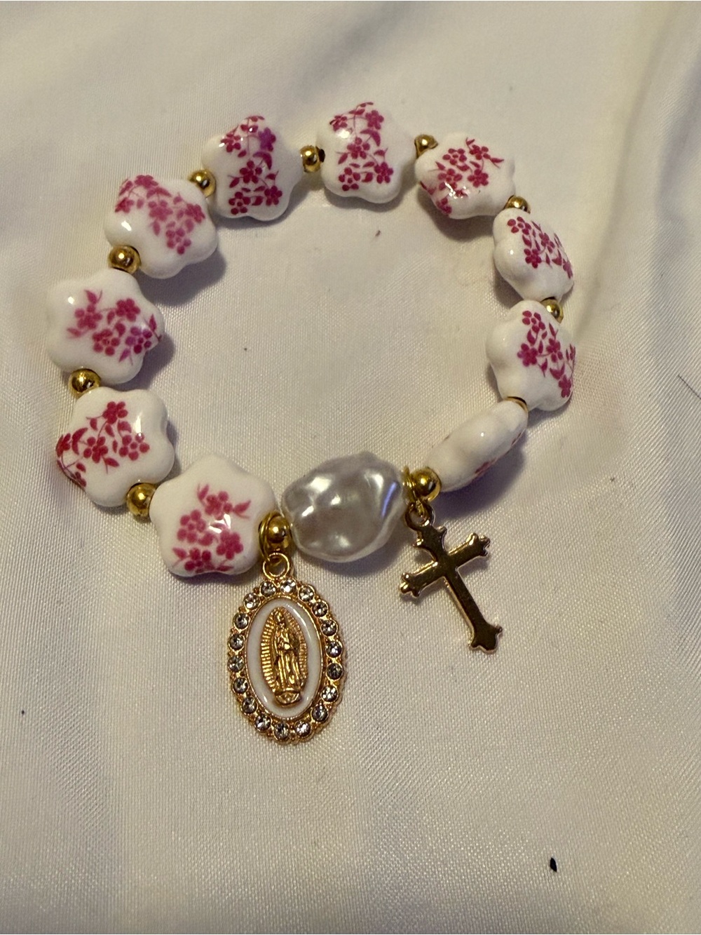 Custom Virgin Mary Floral Ceramic & Pearl Charm Bracelet